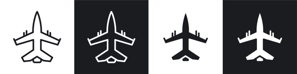 Fighter jet vector icon set in black and white filled and solid style