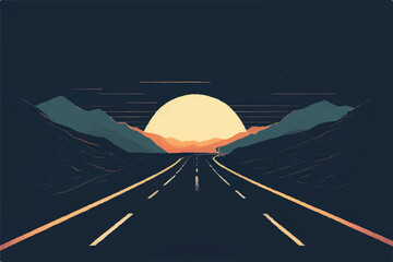 Wall Mural - Beautiful sunset on the highway, flat vector illustration. Highway landscape with beautiful sunset. Highway vector background. 