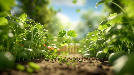 Sticker - Diminutive Cilantro Thriving Amidst a Lush Garden Scene of Vibrant Greenery