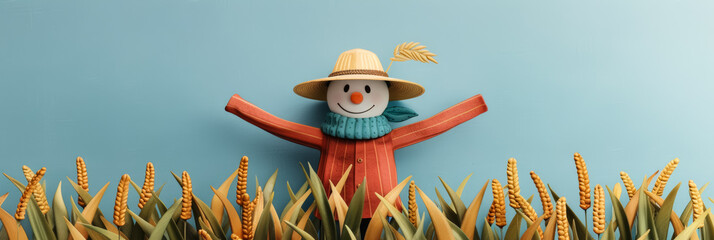 Wall Mural - Watercolor illustration of a cheerful scarecrow surrounded by golden brown cornfields for Thanksgiving bright simple watercolour background banner 