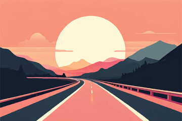 Wall Mural - Beautiful sunset on the highway, flat vector illustration. Highway landscape with beautiful sunset. Highway vector background. 