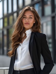 Wall Mural - Beautiful young woman in black suit and white shirt.