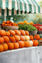 Wall Mural - Watercolor illustration of a cozy farmers market with pumpkins and cornucopias epitomizing Thanksgiving bright simple watercolour background 