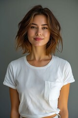 Wall Mural - A young woman in white t - shirt posing for the camera.
