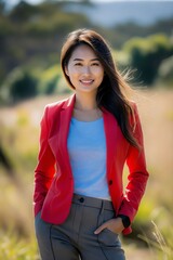 Wall Mural - Asian woman in red blazer and grey pants.