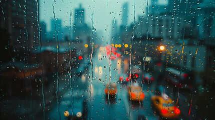 Wall Mural - Window with raindrops, city street at dusk in blurred background as wallpaper