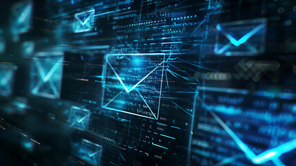 A digital background with multiple glowing blue envelopes and check marks, representing email filing or document organization practices