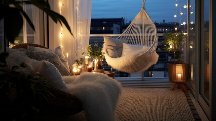 Sticker - A small balcony with a white wicker hanging chair