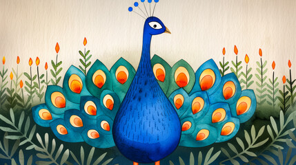 Poster - Watercolor illustration of a jubilant Diwali peacock surrounded by lit oil lamps and fireworks bright simple watercolour background 