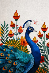 Wall Mural - Watercolor illustration of a jubilant Diwali peacock surrounded by lit oil lamps and fireworks bright simple watercolour background 