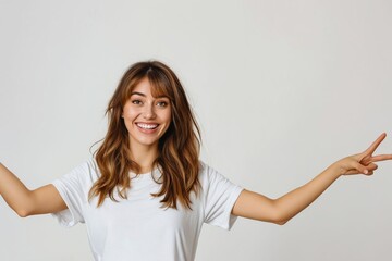 Wall Mural - A smiling woman with her hands up showing peace sign.