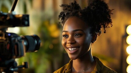 A woman smiling in front of a camera.