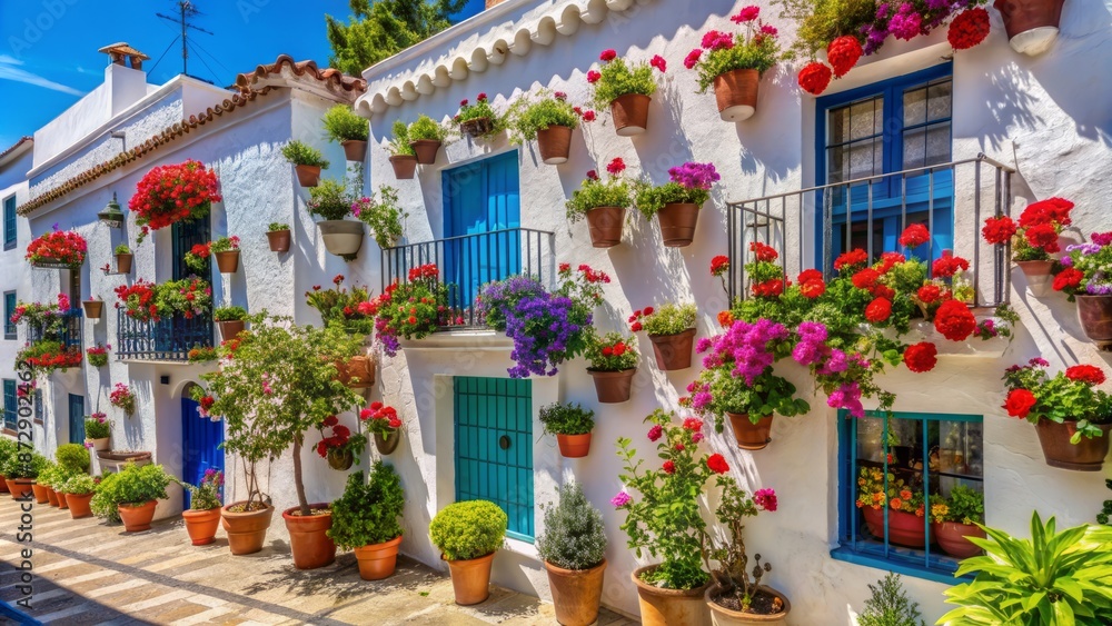 Whitewashed facade of traditional Andalusian house adorned with vibrant blue flowerpots overflowing with colorful blooms in sunny Mijas, Malaga, Spain.