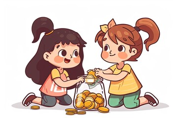 Two children cartoon characters kneel together, wearing light-colored clothing, as they happily deposit money into a jar with cute cartoon expressions, against a clean white background.