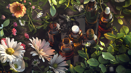 Wall Mural - Plantain oil bottles with plantain leaves homeopathic and herbal remedy