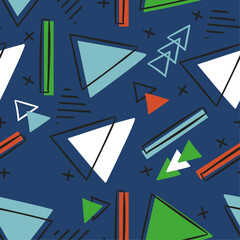 Aufkleber - Stylish pattern with some geometric shapes, triangles. Vector seamless and stylish memphis pattern. Blue background.