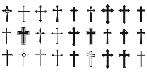 Aufkleber - Large selection of religious Christian crosses. Vector set of black silhouette crosses.
