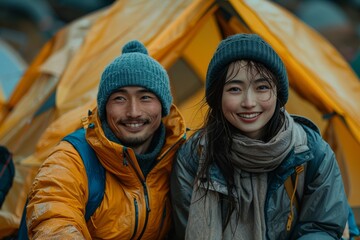 a young Asian couple is camping in the mountains, sitting on blankets next to each other under their tent.