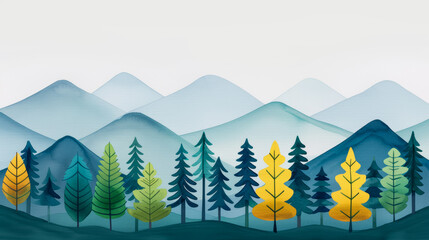 Wall Mural - Watercolor illustration of a minimalist Scandinavian mountain landscape with soft gradients on white background ink watercolour 