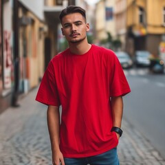 Sticker - Man in red t - shirt standing on street.