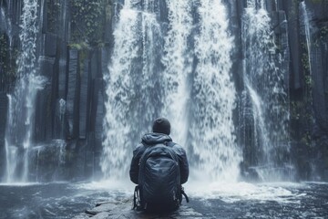 Wall Mural - Man Observing Majestic Waterfall