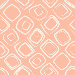 Canvas Print - White outline of squares of uneven shapes form a seamless modern pattern on a pink background for textiles, wrapping paper, interior design, decorative pillows. Vector.