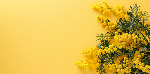 Wall Mural - photo of mimosa flowers on a light yellow background, in a flat lay, top view, banner with copy space area for an easter or spring concept, in the minimalistic style


