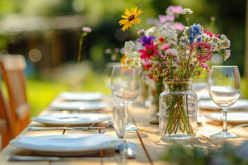 Outdoor dining scene with wooden table set for festive banquet. Green plants surround flowers in clear glass vases. Vibrant blooms add color to tranquil atmosphere. For events and celebrations.