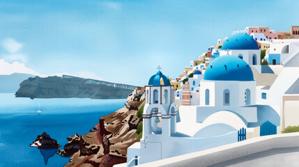 Sticker - Watercolor illustration of a sun soaked Santorini shoreline with whitewashed buildings and bright blue domes ink watercolour 