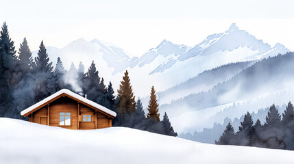 Sticker - Watercolor illustration of an alpine cabin nestled in snowy mountains with a steaming hot spring ink watercolour 