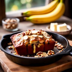 Wall Mural - Banana bread in the kitchen on wooden table, AI generated