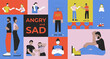 © IMG visuals characte - Angry and sad people bento grid illustration set. Domestic quarrels, arguing, complaining 2D vector image collage design graphics collection. Diverse adults flat characters moodboard layout