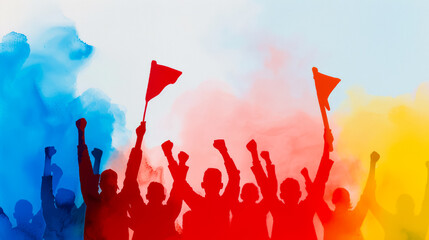 Wall Mural - Watercolor illustration of jubilant workers raising flags and tools in patriotic shades for Labor Day bright simple watercolour background 