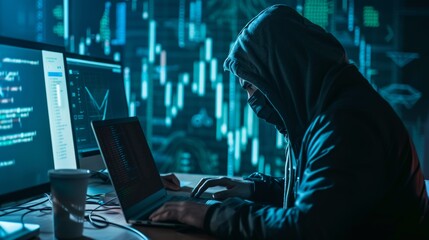 Fototapete - Financial data breach on computer screen, cyber fraud representation