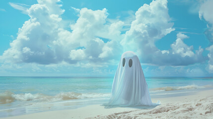 Ghost standing on a sunny beach with blue sky and clouds, ghost on a vacation. Creative Halloween and summer concept background for poster and print.