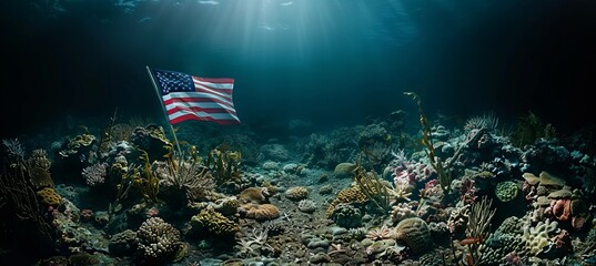 Poster - Dark underwater with America flag. 4th of July or America independence day. Generative AI technology.	
