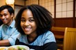 © freelanceartist - n image of a pretty young black girl in a japanese restaurant for supper, Smile, Happy, Elegant, Stylish, Culture, Dining, Food, Chopsticks, Cuisine, Atmosphere, Ambiance, Sushi, Sashimi, Ramen,