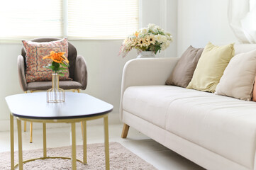 Poster - Modern Minimal clean clear contemporary white living room interior home interior design daylight background, white sofa furniture and flowers couch in living room daylight from window