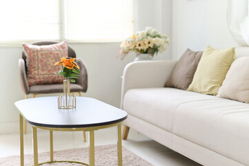 Poster - Modern Minimal clean clear contemporary white living room interior home interior design daylight background, white sofa furniture and flowers couch in living room daylight from window