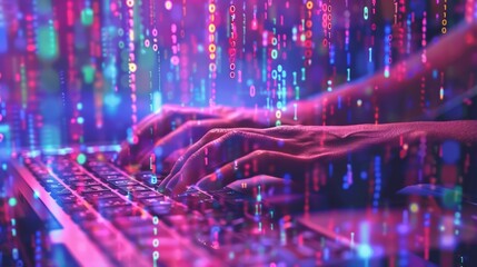 Aufkleber - Hands typing on a keyboard with binary code overlay