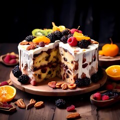 Wall Mural - Dried fruit cake on wooden table, AI Generated