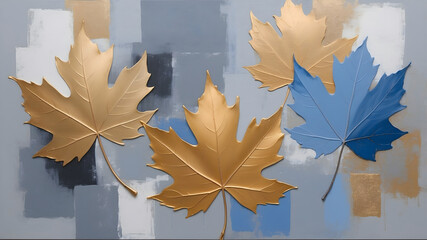 Wall Mural - Autumn leaves painting. A close-up of a painting featuring three maple leaves in shades of gold and blue against a textured blue and white background