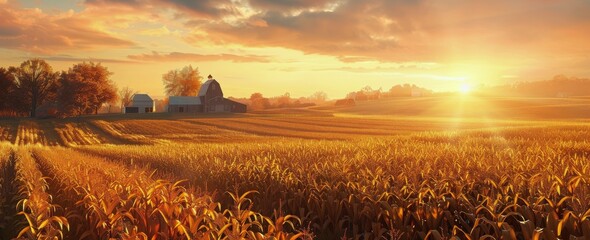 Wall Mural - Golden Cornfield Sunrise Over Rural Farmhouse