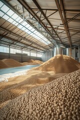 Wall Mural - Large modern warehouse with transparent roof filled with brown grain piles. Industrial atmosphere with metal beams and natural light. Perfect for eco-friendly or tech-related concepts.