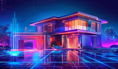 Wall Mural - futuristic smart home exterior, with data visualization lines, automation system, created with ai