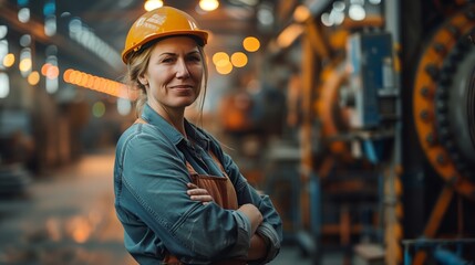 Wall Mural - A portrait of an industrial worker woman smiling and standing in front of machinery at work, wearing overalls with hard hat, arms crossed looking towards camera