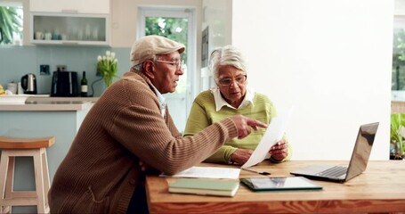 Canvas Print - Elderly couple, financial or reading banking documents, mortgage balance or household bills. Retirement fund, planning or senior people speaking of paperwork report, pension policy or finance summary