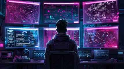 Aufkleber - Programmer with multiple screens showing hacking software, cybercrime scene