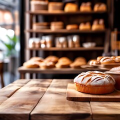 Wall Mural - Wooden table for product display with blured bakery background, AI Generated