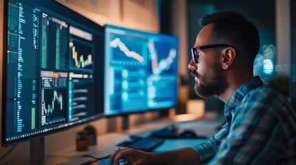 Fototapete - Software engineer building innovative e-commerce app using AI, big data charts on screen